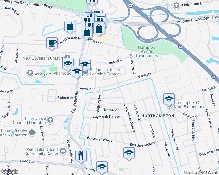 map of restaurants, bars, coffee shops, grocery stores, and more near 811 Burton Street in Hampton