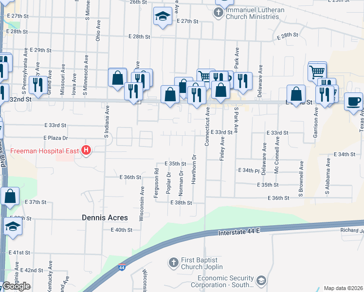 map of restaurants, bars, coffee shops, grocery stores, and more near 3367 Norman Drive in Joplin