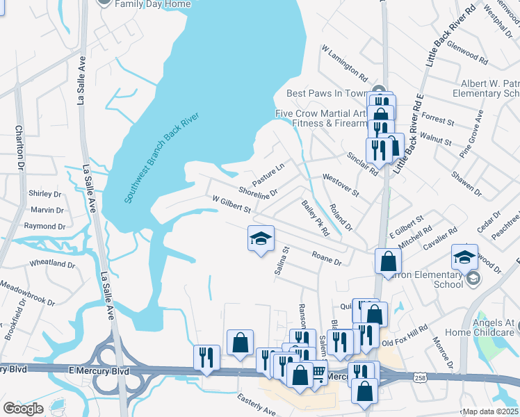 map of restaurants, bars, coffee shops, grocery stores, and more near 294 Mockingbird Lane in Hampton
