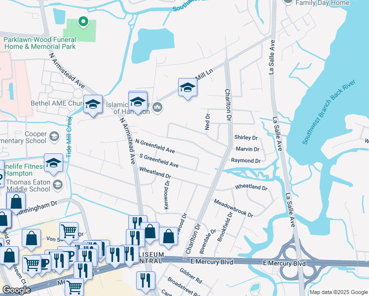 map of restaurants, bars, coffee shops, grocery stores, and more near 29 North Greenfield Avenue in Hampton
