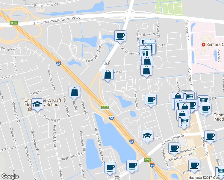 map of restaurants, bars, coffee shops, grocery stores, and more near 11 Wells Court in Hampton
