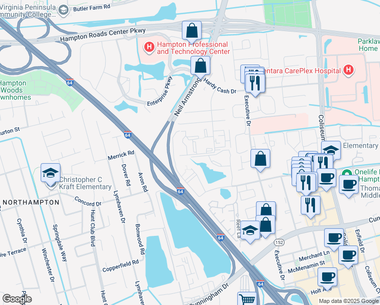 map of restaurants, bars, coffee shops, grocery stores, and more near 11 Wells Court in Hampton