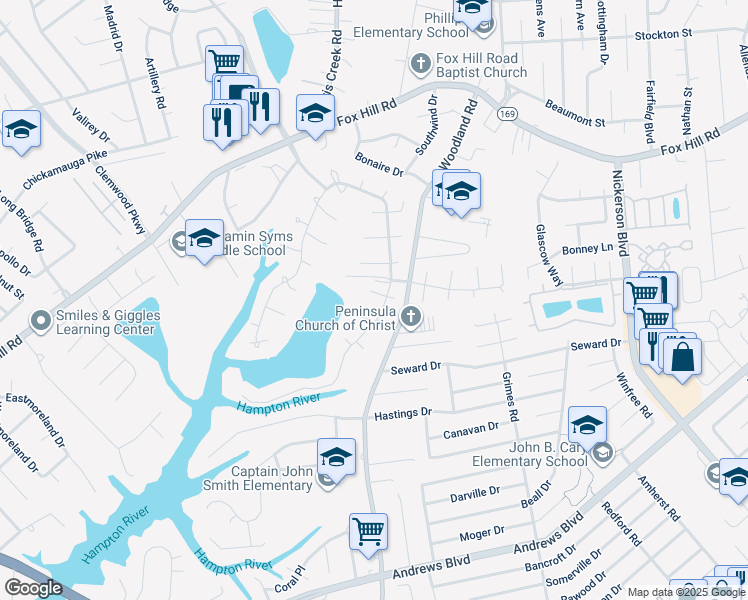 map of restaurants, bars, coffee shops, grocery stores, and more near 352 Agecroft Court in Hampton