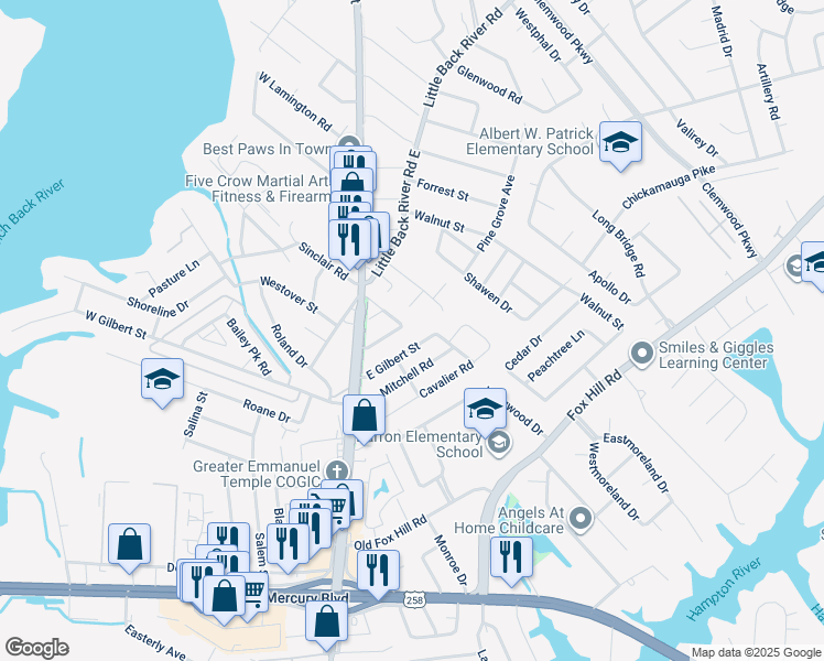 map of restaurants, bars, coffee shops, grocery stores, and more near 20 Mac Alva Drive in Hampton