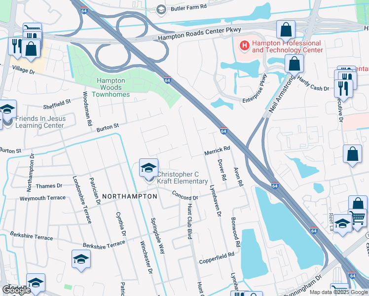 map of restaurants, bars, coffee shops, grocery stores, and more near 306 Bromsgrove Drive in Hampton