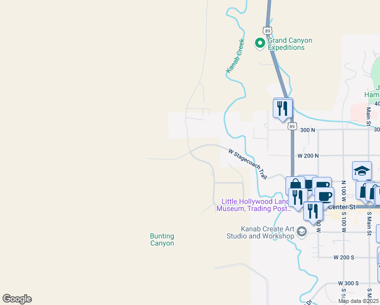 map of restaurants, bars, coffee shops, grocery stores, and more near 199 N Gunsmoke Pass in Kanab