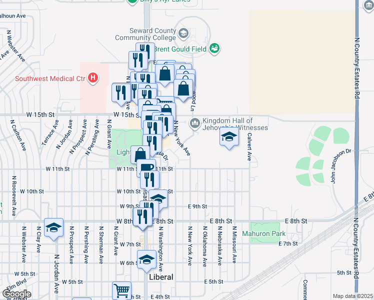 map of restaurants, bars, coffee shops, grocery stores, and more near 1401 North New York Avenue in Liberal