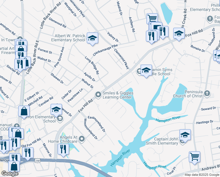 map of restaurants, bars, coffee shops, grocery stores, and more near 7 Lake Huron Court in Hampton