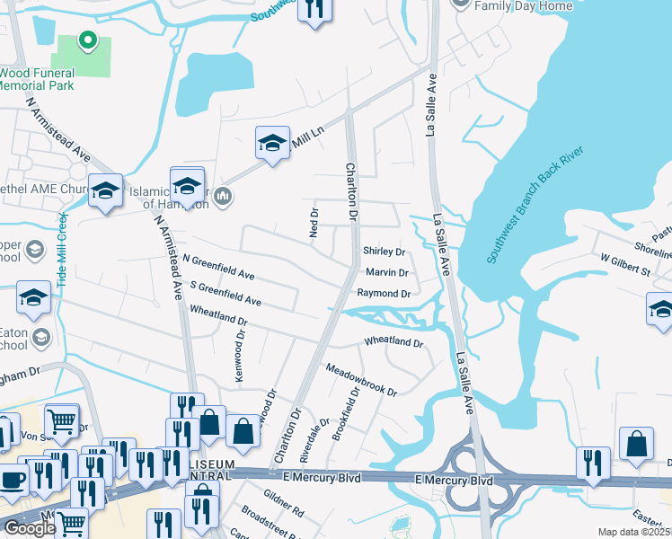 map of restaurants, bars, coffee shops, grocery stores, and more near 106 Raymond Drive in Hampton