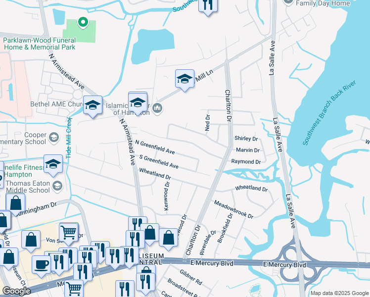 map of restaurants, bars, coffee shops, grocery stores, and more near 29 North Greenfield Avenue in Hampton