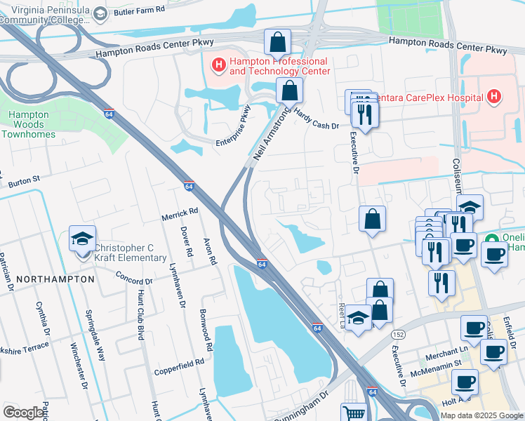 map of restaurants, bars, coffee shops, grocery stores, and more near 25 Cape Dorey Drive in Hampton