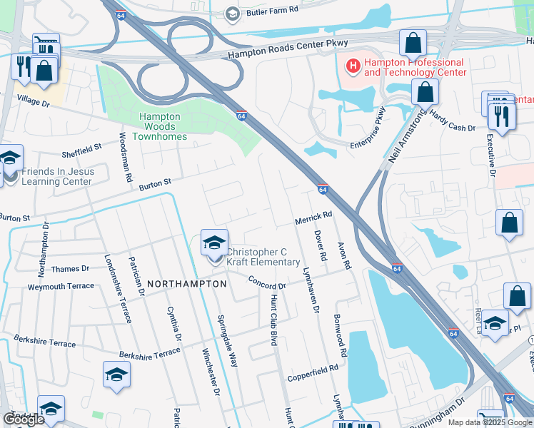 map of restaurants, bars, coffee shops, grocery stores, and more near 306 Bromsgrove Drive in Hampton