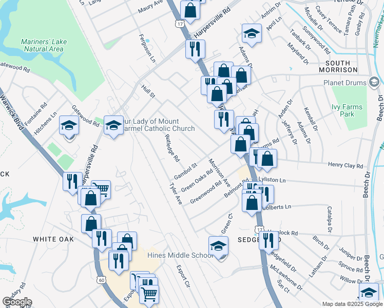 map of restaurants, bars, coffee shops, grocery stores, and more near 103 Pescara Lane in Newport News