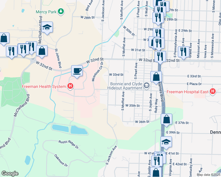 map of restaurants, bars, coffee shops, grocery stores, and more near 3400-3498 S Jackson Ave in Joplin