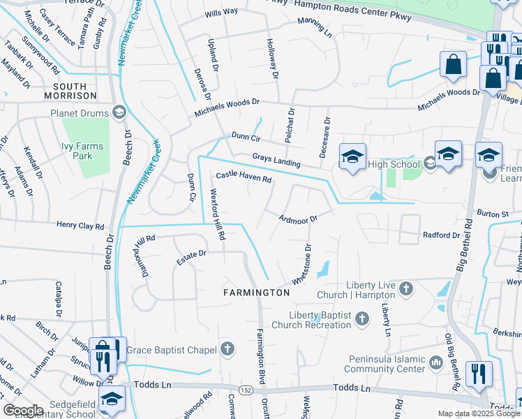 map of restaurants, bars, coffee shops, grocery stores, and more near 38 Castle Haven Road in Hampton