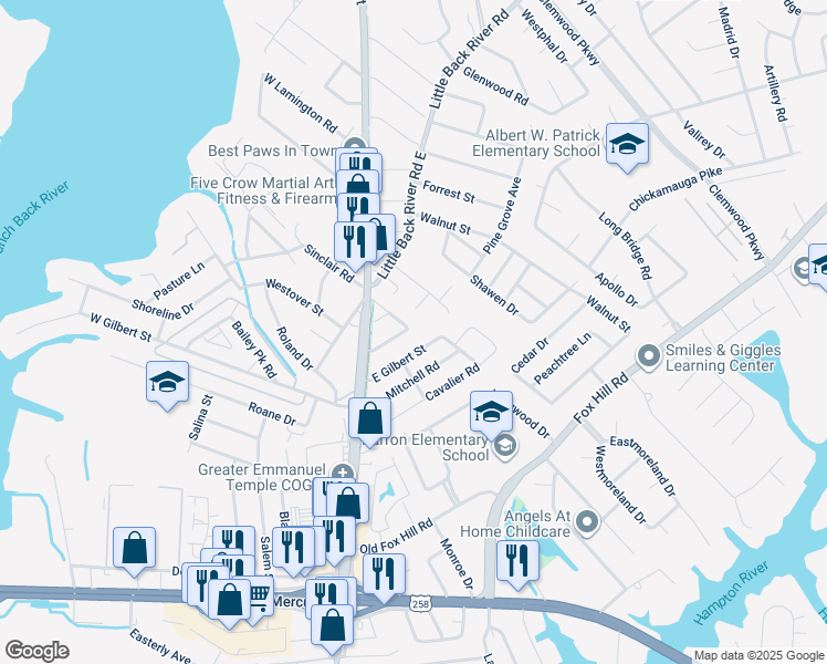 map of restaurants, bars, coffee shops, grocery stores, and more near 20 Mac Alva Drive in Hampton