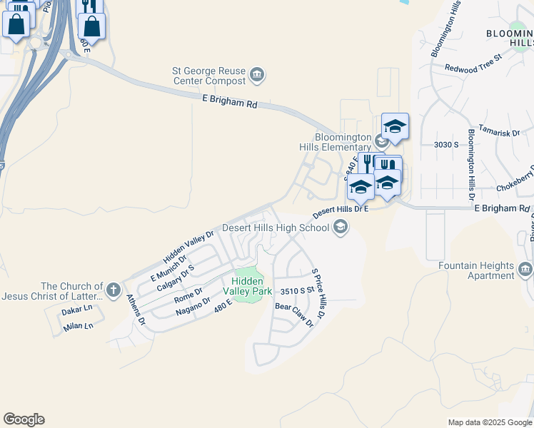 map of restaurants, bars, coffee shops, grocery stores, and more near 3439 South Barcelona Drive in St. George