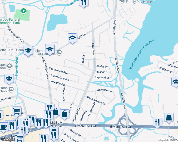 map of restaurants, bars, coffee shops, grocery stores, and more near 106 Raymond Drive in Hampton
