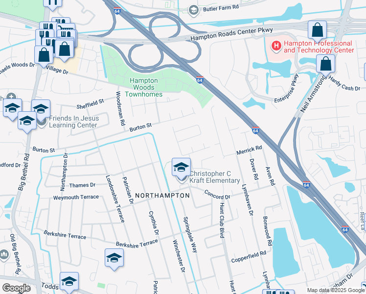 map of restaurants, bars, coffee shops, grocery stores, and more near 526 Dafia Drive in Hampton