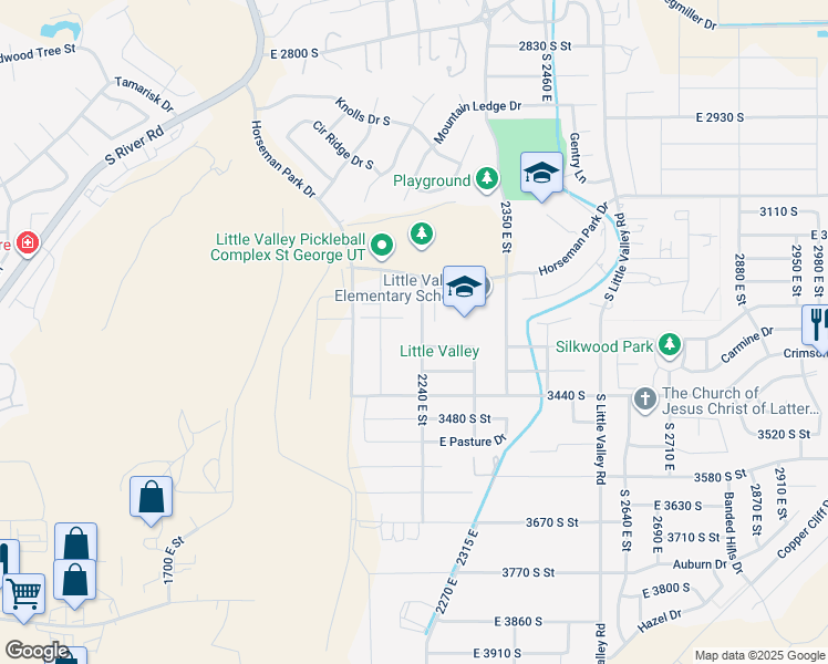 map of restaurants, bars, coffee shops, grocery stores, and more near 3322 2240 East Street in St. George