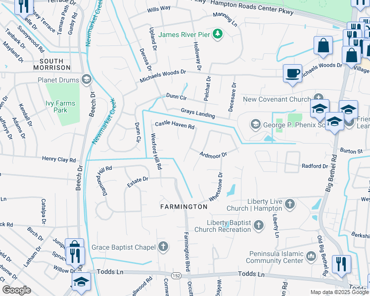 map of restaurants, bars, coffee shops, grocery stores, and more near 38 Castle Haven Road in Hampton