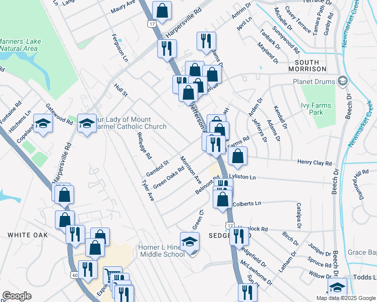 map of restaurants, bars, coffee shops, grocery stores, and more near 19 Gambol Street in Newport News