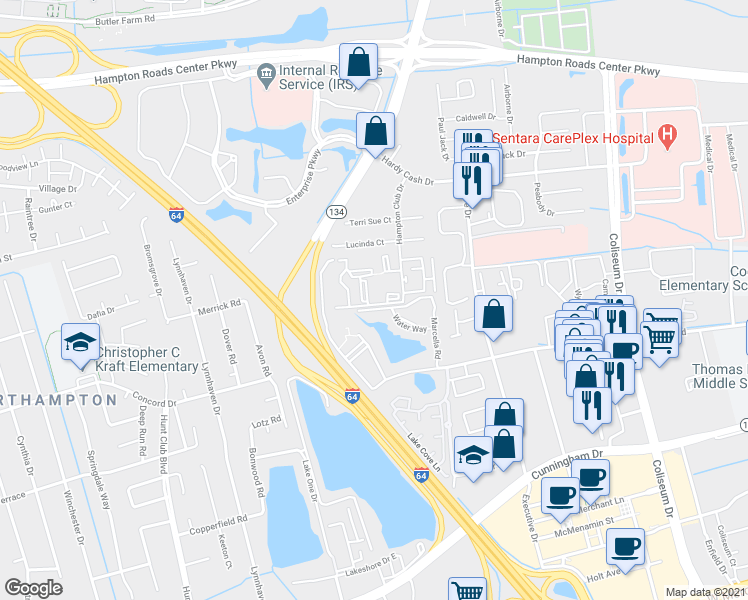 map of restaurants, bars, coffee shops, grocery stores, and more near 14 Wells Court in Hampton