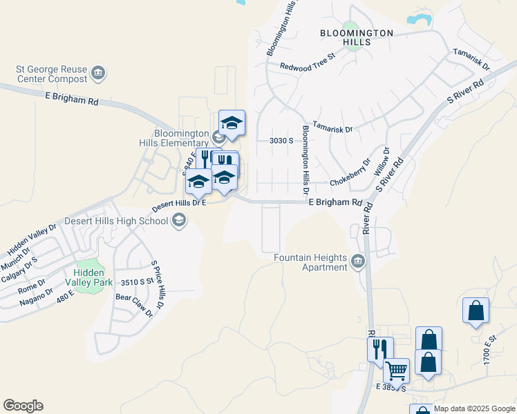 map of restaurants, bars, coffee shops, grocery stores, and more near 1050 East Brigham Road in St. George
