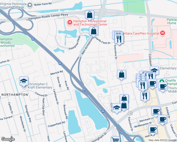 map of restaurants, bars, coffee shops, grocery stores, and more near 23 Wells Court in Hampton