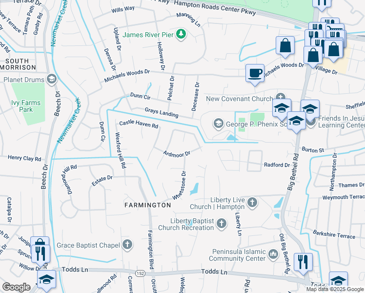 map of restaurants, bars, coffee shops, grocery stores, and more near 9 Landmark Court in Hampton