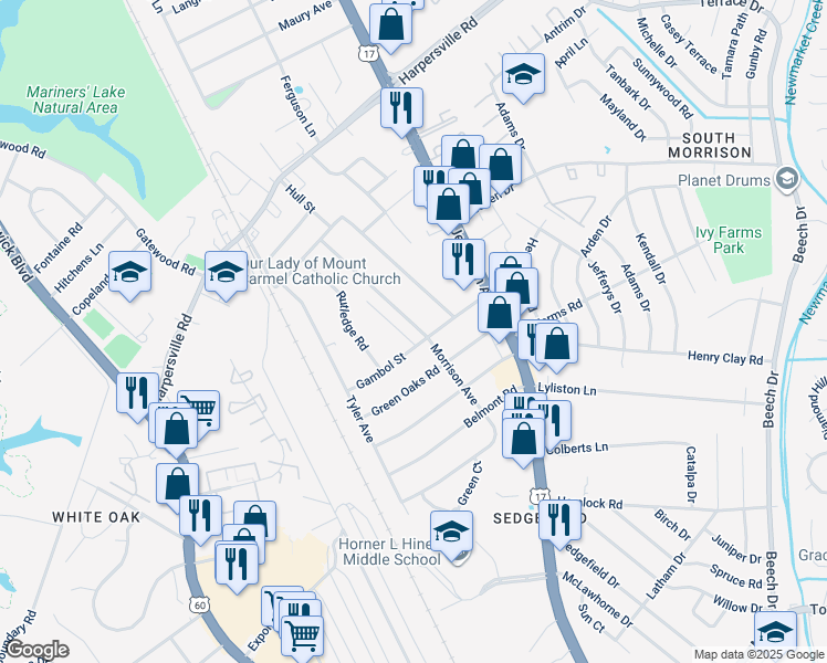 map of restaurants, bars, coffee shops, grocery stores, and more near 60 Morrison Avenue in Newport News