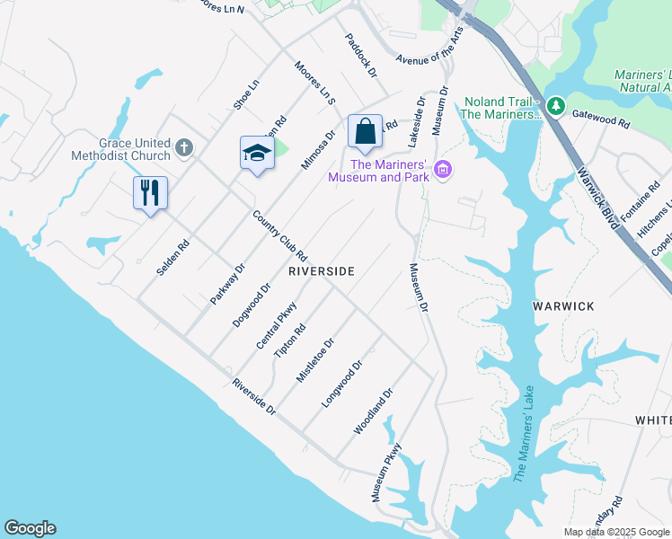 map of restaurants, bars, coffee shops, grocery stores, and more near 305 Mistletoe Drive in Newport News