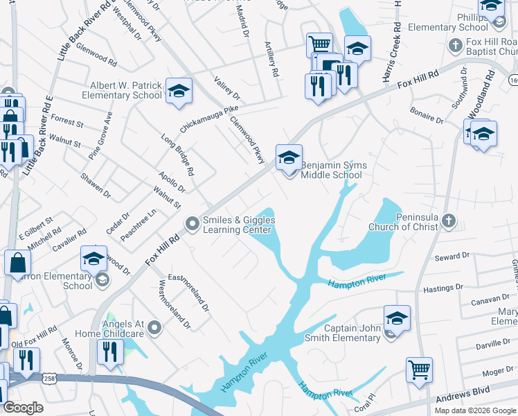 map of restaurants, bars, coffee shops, grocery stores, and more near 32 Great Lakes Drive in Hampton