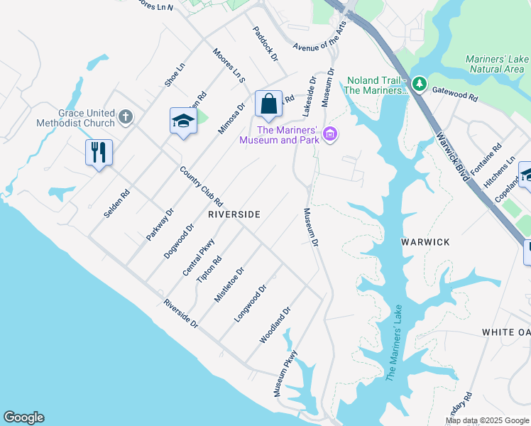 map of restaurants, bars, coffee shops, grocery stores, and more near 309 Mistletoe Drive in Newport News