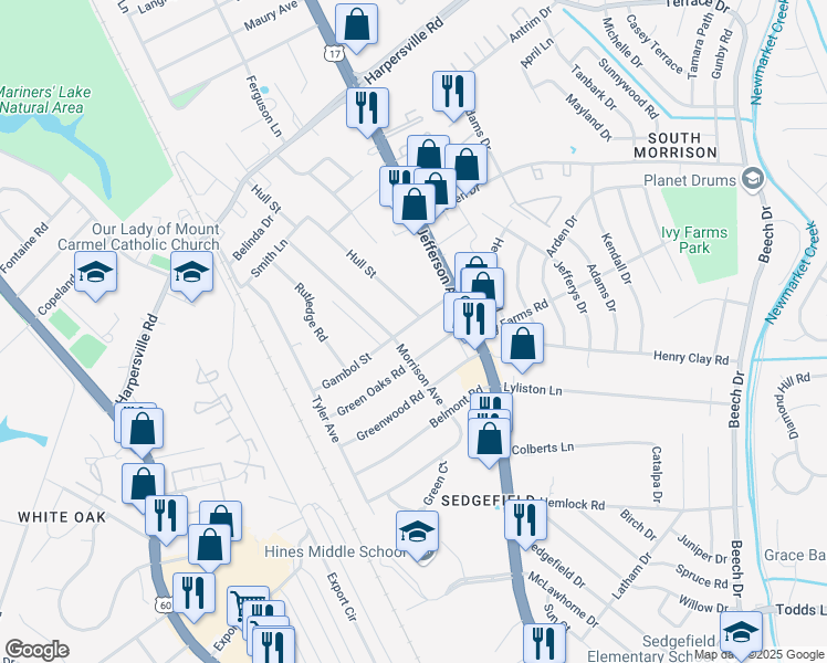 map of restaurants, bars, coffee shops, grocery stores, and more near 19 Gambol Street in Newport News