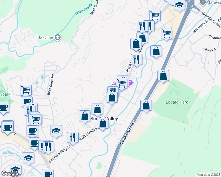 map of restaurants, bars, coffee shops, grocery stores, and more near 281 Civic Center Drive in Scotts Valley