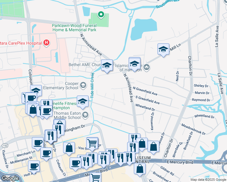 map of restaurants, bars, coffee shops, grocery stores, and more near 7 Joan Drive in Hampton