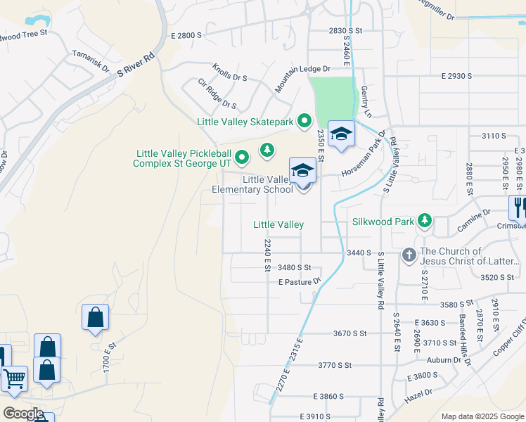 map of restaurants, bars, coffee shops, grocery stores, and more near 3322 2240 East Street in St. George