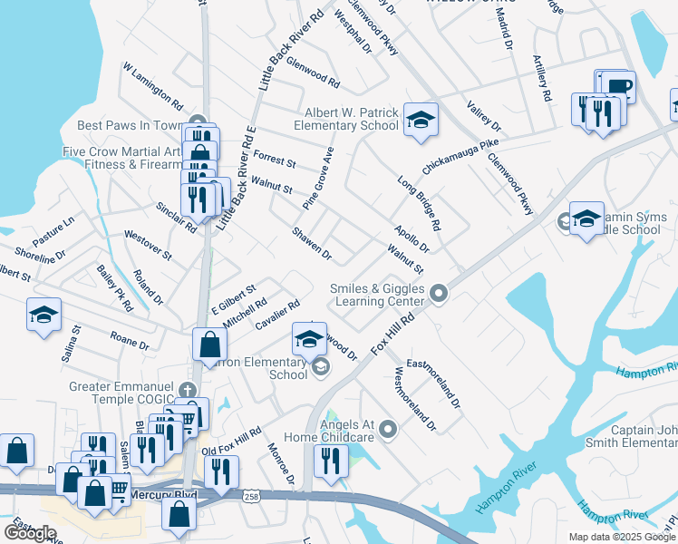 map of restaurants, bars, coffee shops, grocery stores, and more near 424 Cedar Drive in Hampton