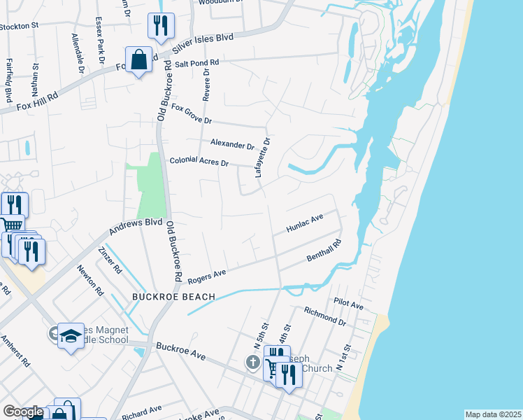 map of restaurants, bars, coffee shops, grocery stores, and more near 2 Jayne Lee Drive in Hampton