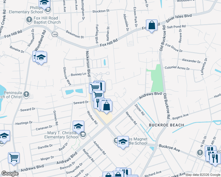 map of restaurants, bars, coffee shops, grocery stores, and more near 2144 Woodmansee Drive in Hampton