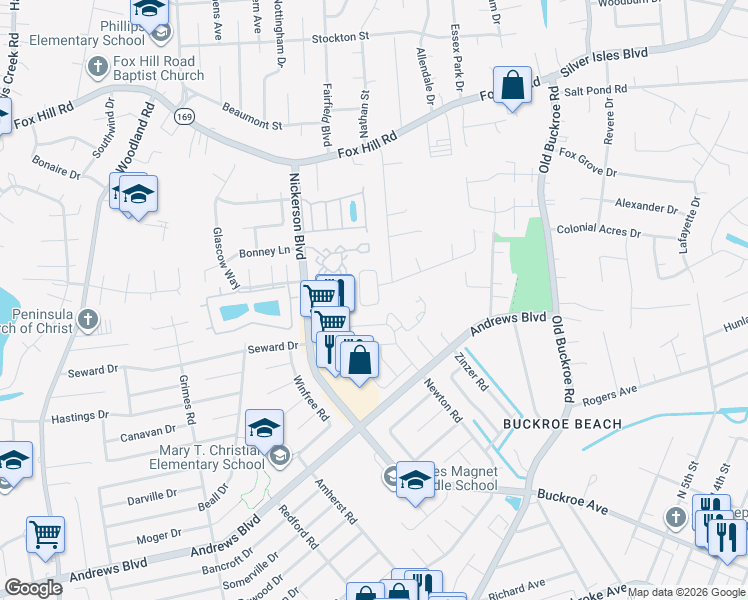 map of restaurants, bars, coffee shops, grocery stores, and more near 2144 Woodmansee Drive in Hampton