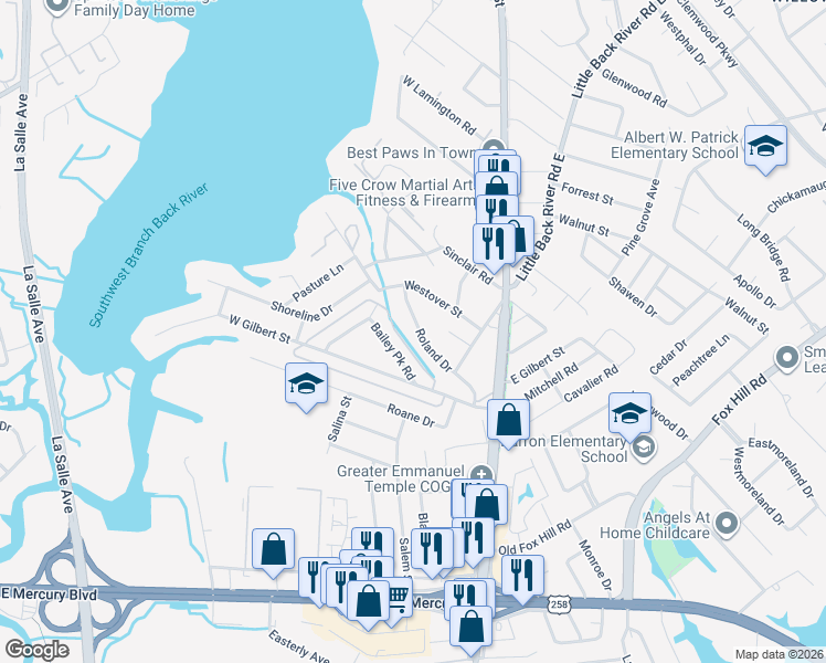 map of restaurants, bars, coffee shops, grocery stores, and more near 236 Bailey Park Drive in Hampton