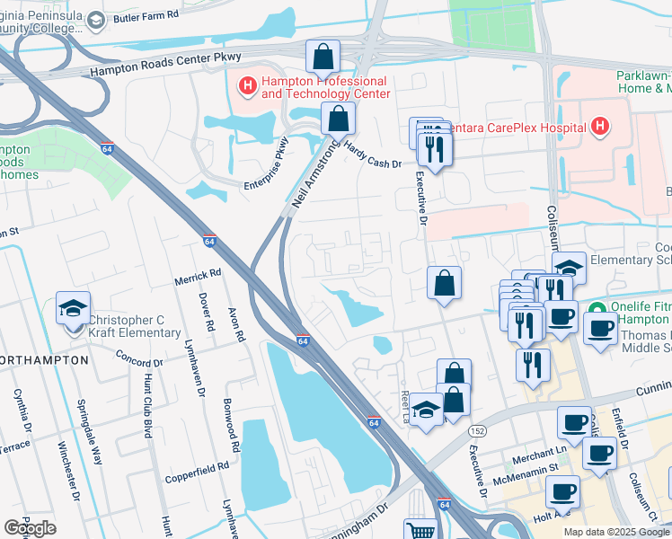 map of restaurants, bars, coffee shops, grocery stores, and more near 601 Marcella Road in Hampton