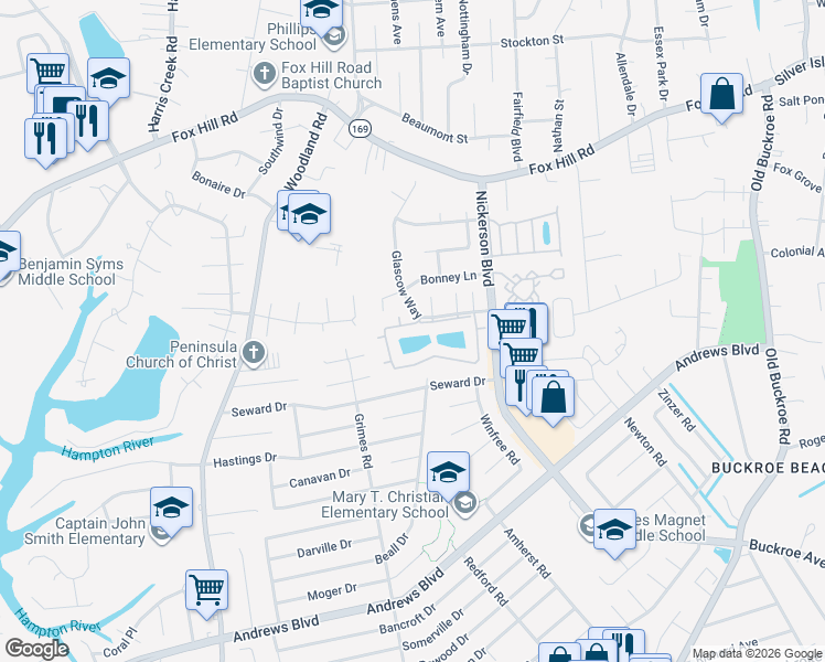 map of restaurants, bars, coffee shops, grocery stores, and more near 148 Loch Circle in Hampton