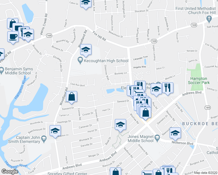 map of restaurants, bars, coffee shops, grocery stores, and more near 252 Loch Circle in Hampton