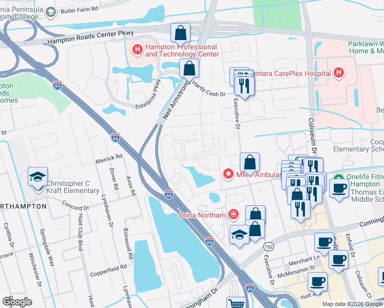 map of restaurants, bars, coffee shops, grocery stores, and more near 601 Marcella Road in Hampton