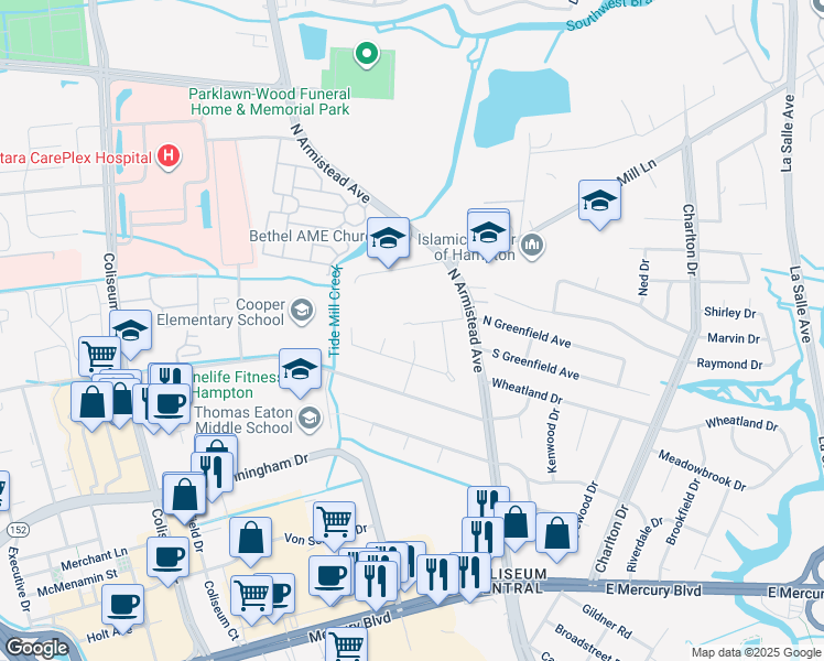 map of restaurants, bars, coffee shops, grocery stores, and more near 7 Joan Drive in Hampton
