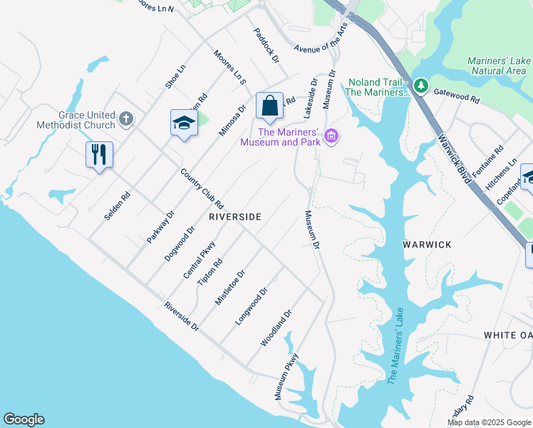 map of restaurants, bars, coffee shops, grocery stores, and more near 309 Mistletoe Drive in Newport News