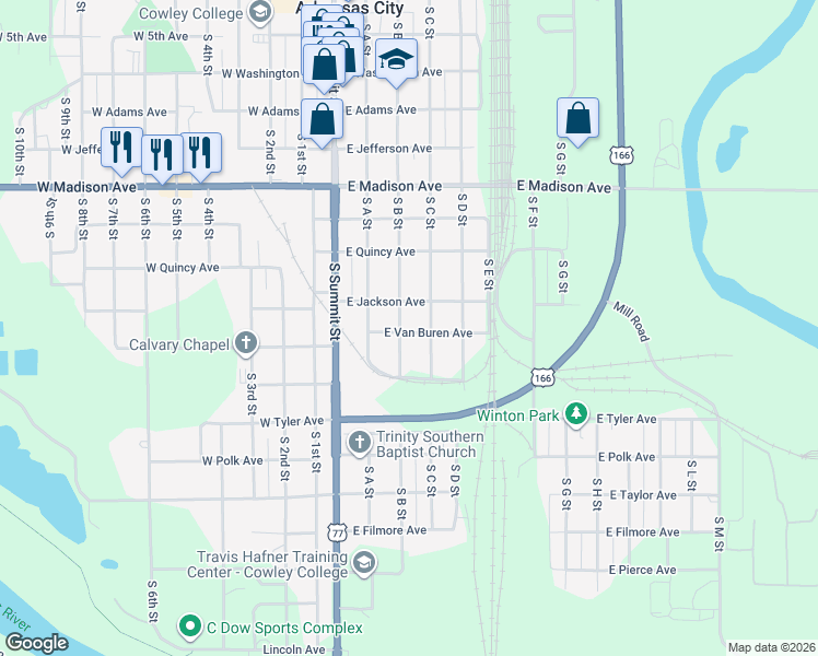 map of restaurants, bars, coffee shops, grocery stores, and more near 1007 South B Street in Arkansas City
